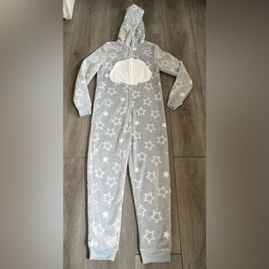 SO Hooded One Piece Fleece Sleepwear Womens XL Gray White Stars Loungewear
